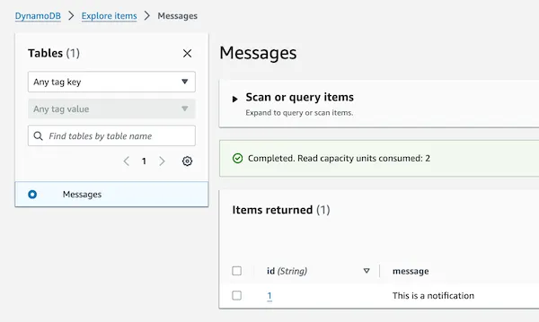 DynamoDB table created with one element