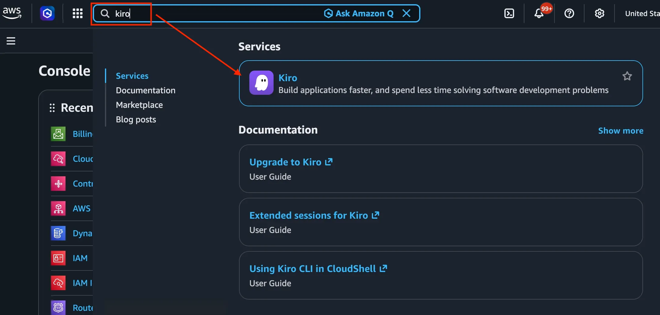 Search for Kiro in the AWS Console