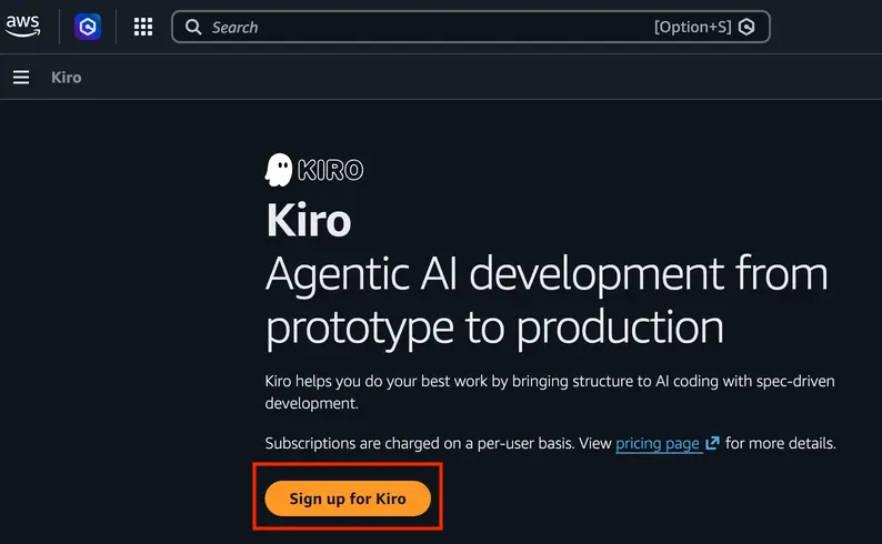 Kiro page in the AWS Console