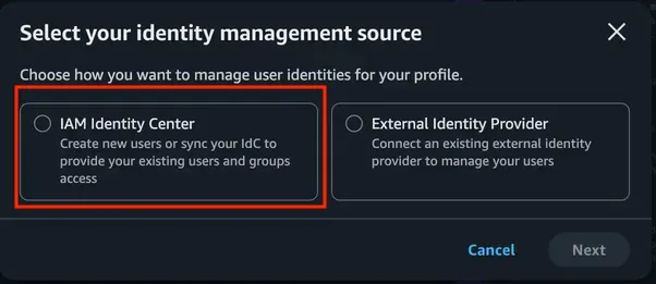 Choose IAM Identity Center as the identity source