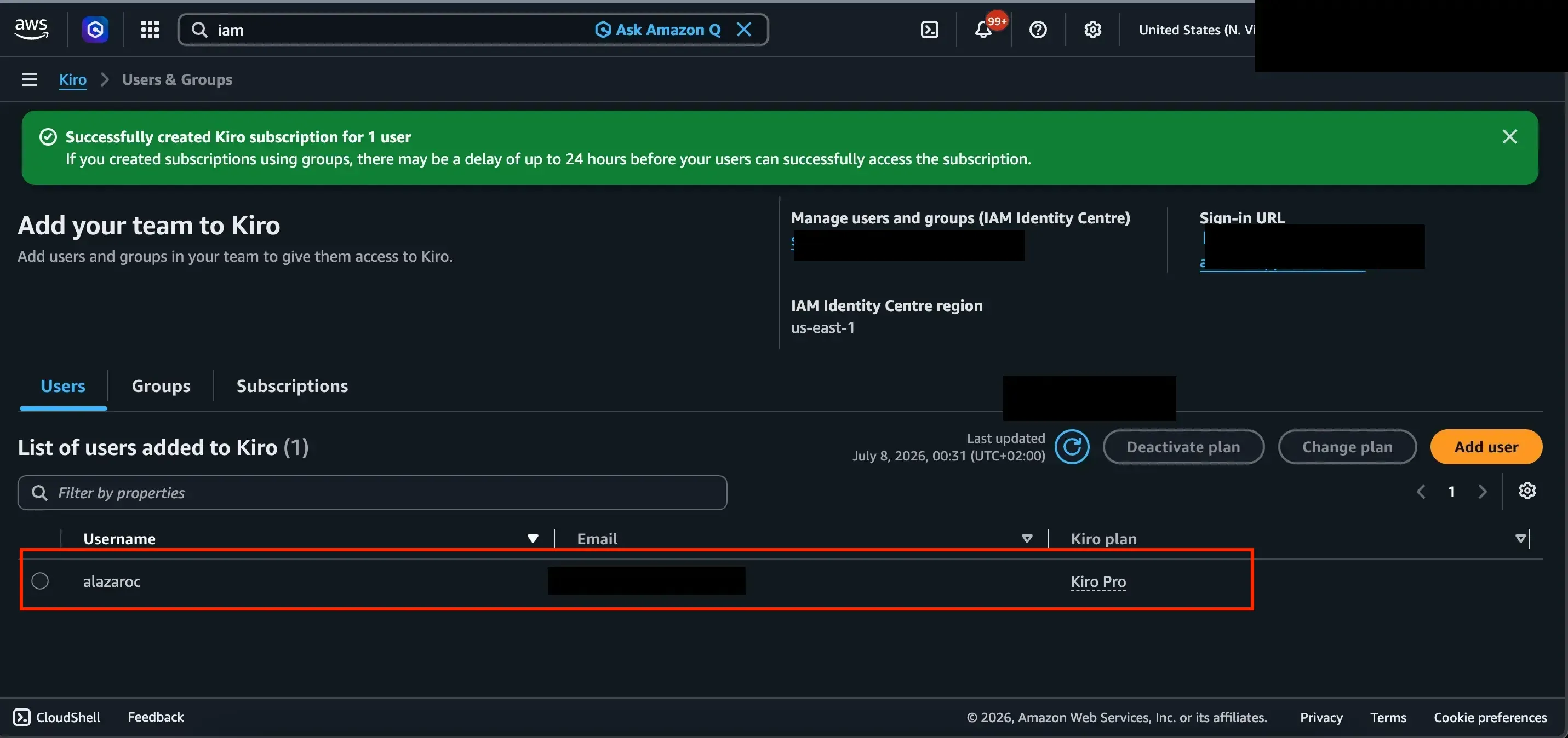 Kiro subscription created